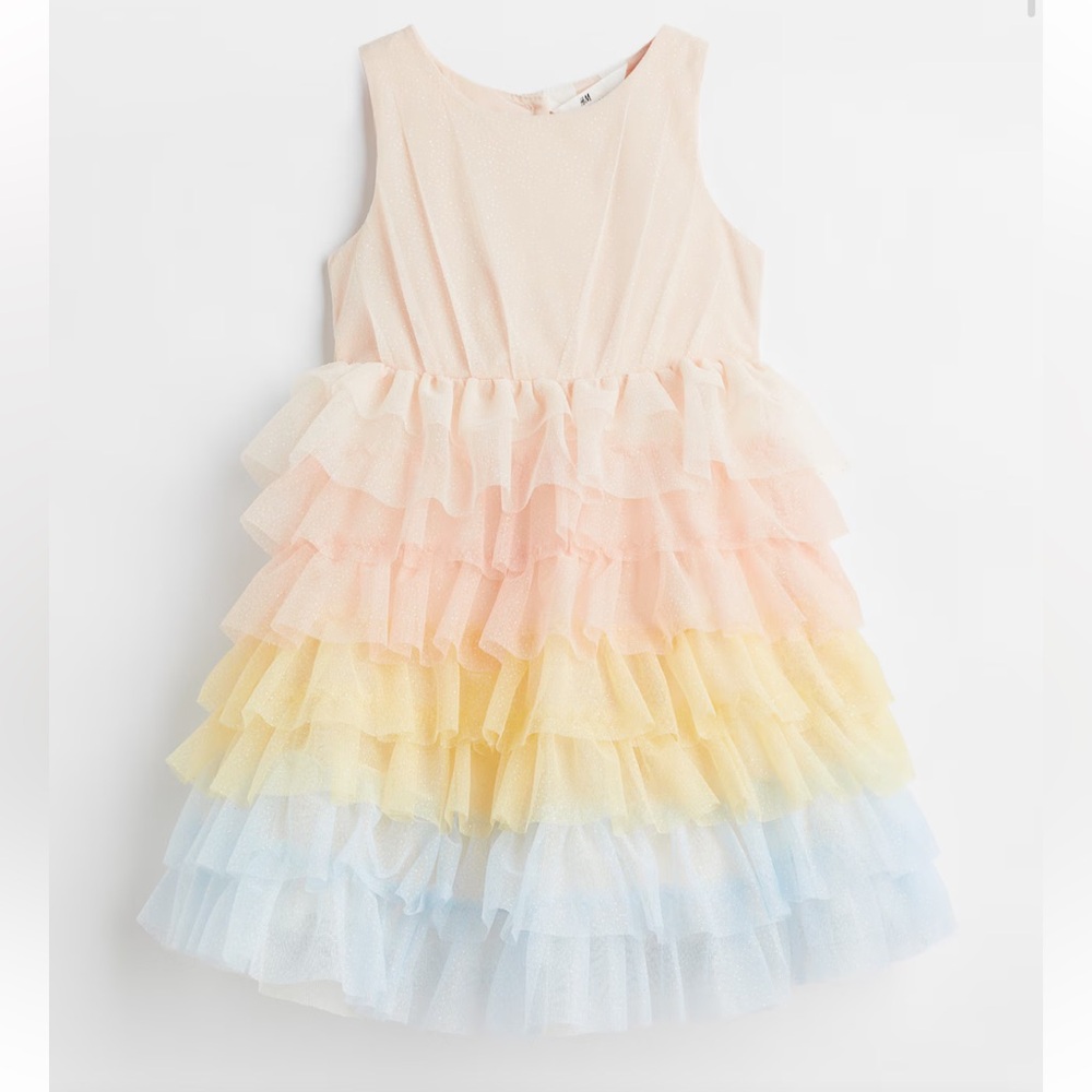 H&M tulle ombré tiered ruffle rainbow dress, size 8